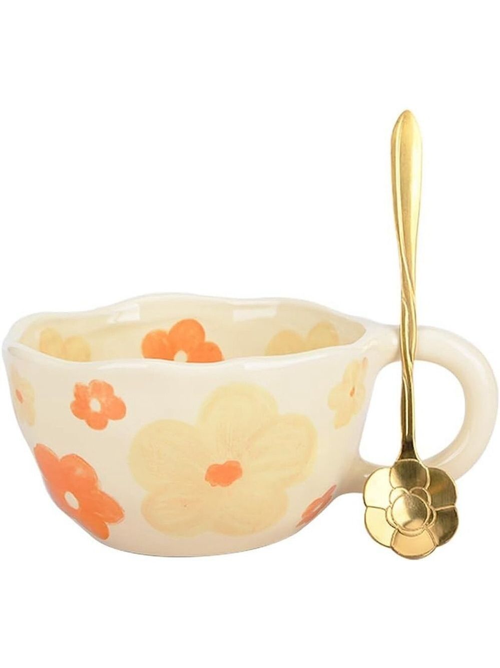Handpainted Flower Ceramic Aesthetic Tea Mug with Spoon
